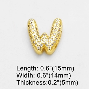 Detail view of gold zircon letter W pendant showing 15mm length and 14mm width dimensions