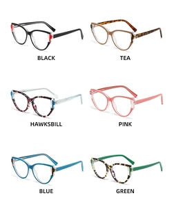 Grid view of stylish cat-eye anti-blue light glasses in six assorted colors and finishes