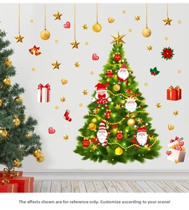 Detailed PVC Christmas tree wall sticker set with Santa Claus and golden stars for home decor
