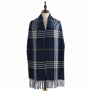 Classic dark blue checkered long scarf with fringe detail and soft cashmere-like texture