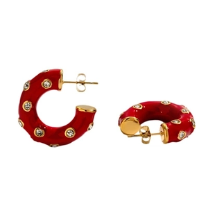 C-shaped gold-plated stainless steel earrings with red enamel and pavé crystals