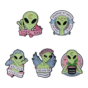 Set of five cute green alien enamel pins with creative space themes and slogans