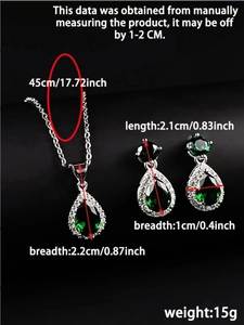 Detailed dimensions of emerald pear-cut zircon necklace and earrings jewelry set