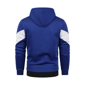 Back view of a casual hoodie jacket with blue, white and black color block design