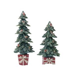 Lot de deux sapins de Noël décoratifs en résine avec bases de boîte cadeau rouge