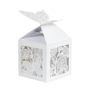 Intricate laser-cut ivory butterfly favor box with delicate floral patterns for weddings