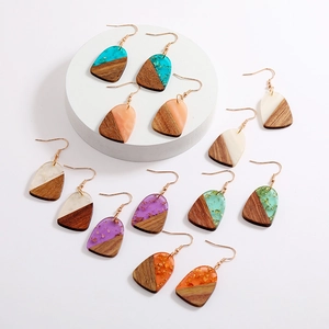 Vintage wood and resin geometric drop earrings with gold foil accents in various colors
