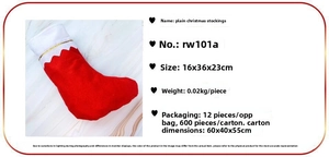 Detail view of plain red Christmas stocking with white gold-edged trim and dimensions