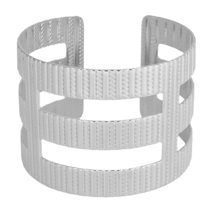 Silver open cuff bracelet with triple band vertical texture in 304 stainless steel