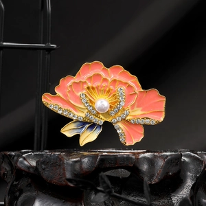 Peony Flower Brooch Pin Gradient Enamel Alloy With Faux Artificial Pearl Rhinestone Chinese Style Elegant Jewelry For Women