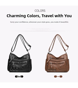 Close-up of black and brown leather crossbody bags featuring multi-zipper compartments