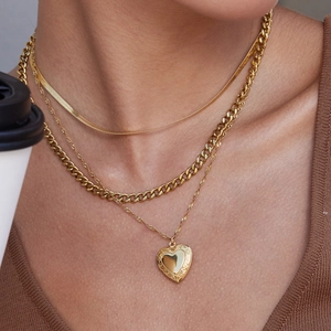 Elegant layered gold stainless steel heart necklace set with snake and curb chains