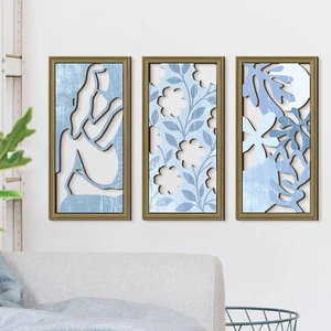 Set of 3 Nordic abstract wall art panels with blue textures and gold frames