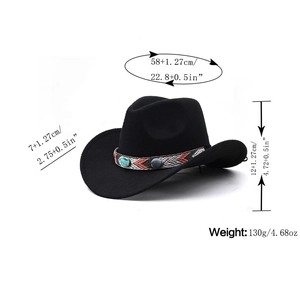 Black western felt cowboy hat with ethnic turquoise band and detailed size measurements