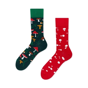 Cartoon crew socks featuring a mix of mushroom patterns and red polka dots on white