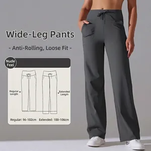 Women High Waist Wide Leg Yoga Pants Drawstring Pockets Loose Naked Feel Fitness Sports Trousers Casual Bottoms