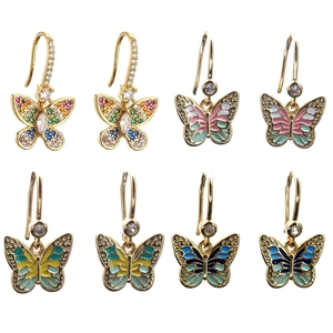 Elegant Butterfly Drop Hook Earrings Copper Gold Plated With Colorful Cubic Zirconia And Enamel For Women Girls