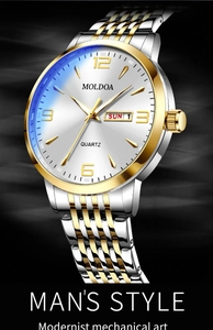 Detail of silver and gold business watch with white dial and day-date display