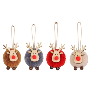 Set of four plush reindeer Christmas tree ornaments in brown, grey, red, and off-white
