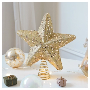 Sparkling champagne gold star tree topper with sequins and spring base for Christmas tree