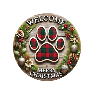 Christmas round wooden door sign with plaid paw print, pine needles and pine cones decor