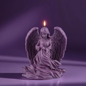 Detailed purple kneeling angel girl candle with intricate wing textures for DIY home decor