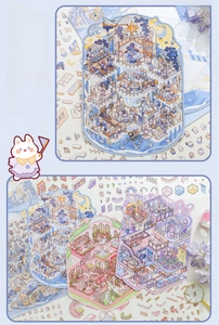 Detailed view of large hand-drawn 3D miniature stickers with colorful city scene motifs