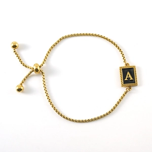 Adjustable gold plated stainless steel bracelet with black shell letter A pendant charm