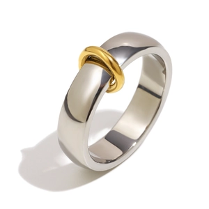 Bague ouverte minimaliste bicolore en acier inoxydable plaqué or 18K pour femme