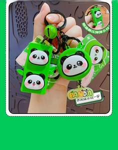 Macro detail of cartoon panda squeeze toy keychain with green bell and silicone panda tag