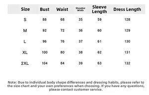 Detailed size guide table for ethnic print long sleeve maxi dress in various measurements