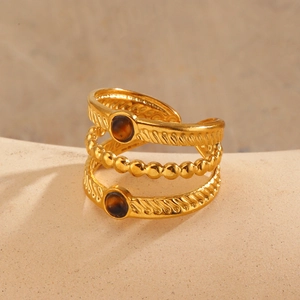 Bague multicouche dorée en acier inoxydable avec pierre oeil de tigre et anneaux texturés