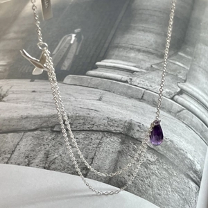 Minimalist S925 sterling silver double layer necklace with purple teardrop gem and bird pendant