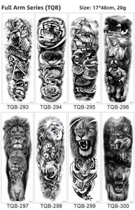 Detailed sheet showing eight 17x48cm full arm temporary tattoo designs with animal motifs