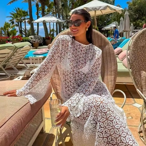 Elegant white lace crochet long sleeve maxi dress for summer beach vacation wear