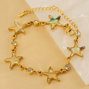 Starfish Bracelet Stainless Steel 18K Gold Plated Abalone Shell Rhinestone Ocean Theme Delicate Jewelry For Women