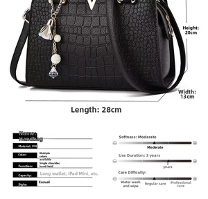 Detail view of black crocodile pattern PVC handbag with dimensions 28x20x13cm and V-metal logo