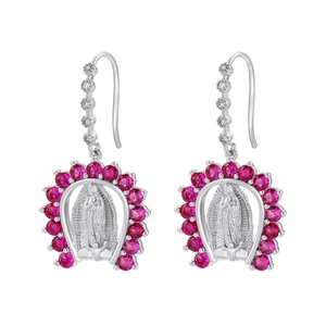 Macro shot of silver Virgin Mary earrings with pink zircon micro-pave horseshoe frame