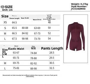 Detailed size chart for women yoga set featuring V-neck top and tight shorts measurements