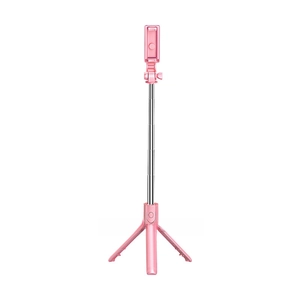 Pink telescopic selfie stick with integrated tripod stand and Bluetooth remote button