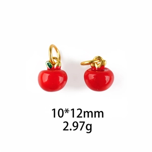 Macro shot of 10*12mm red apple pendants with green leaf detail and golden ring hooks