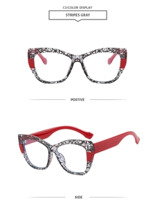 Lunettes œil de chat gris rayé avec branches rouge vif, vues de face et de profil