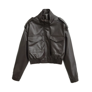 Women's dark brown faux leather jacket with stand collar and cargo pockets in front view