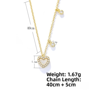 Detailed view of S925 silver gold heart necklace with zircon and dimensions 40cm plus 5cm