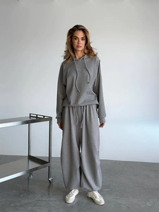 Felpa Con Cappuccio E Pantaloni In Cotone Da Donna Stile American Retro Gamba Dritta Sportiva Streetwear Grigio