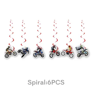 Detail of 6-piece red spiral hanging decorations featuring motocross motorcycle riders
