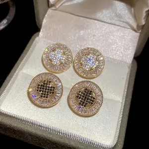 French vintage gold plated round stud earrings with zircon clover design in a velvet box