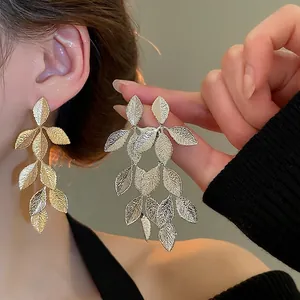 Leaf Dangle Earrings With 925 Sterling Silver Earring Post Copper Textured Plant Long Drop Elegant Jewelry For Women