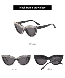 Three views of black cat eye sunglasses with rhinestones showing front and side angles