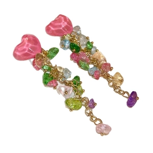 Colorful summer flower tassel earrings with pink heart and gold chain beaded stones